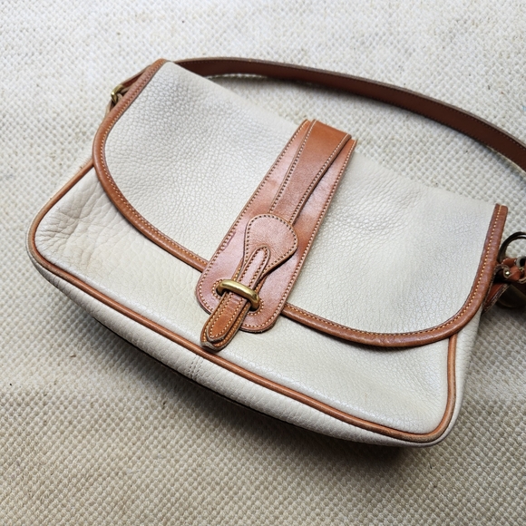 Dooney & Bourke Handbags - Vintage Dooney Burke Pebbled All Weather Leather Bone Brown Large Equestrian Bag